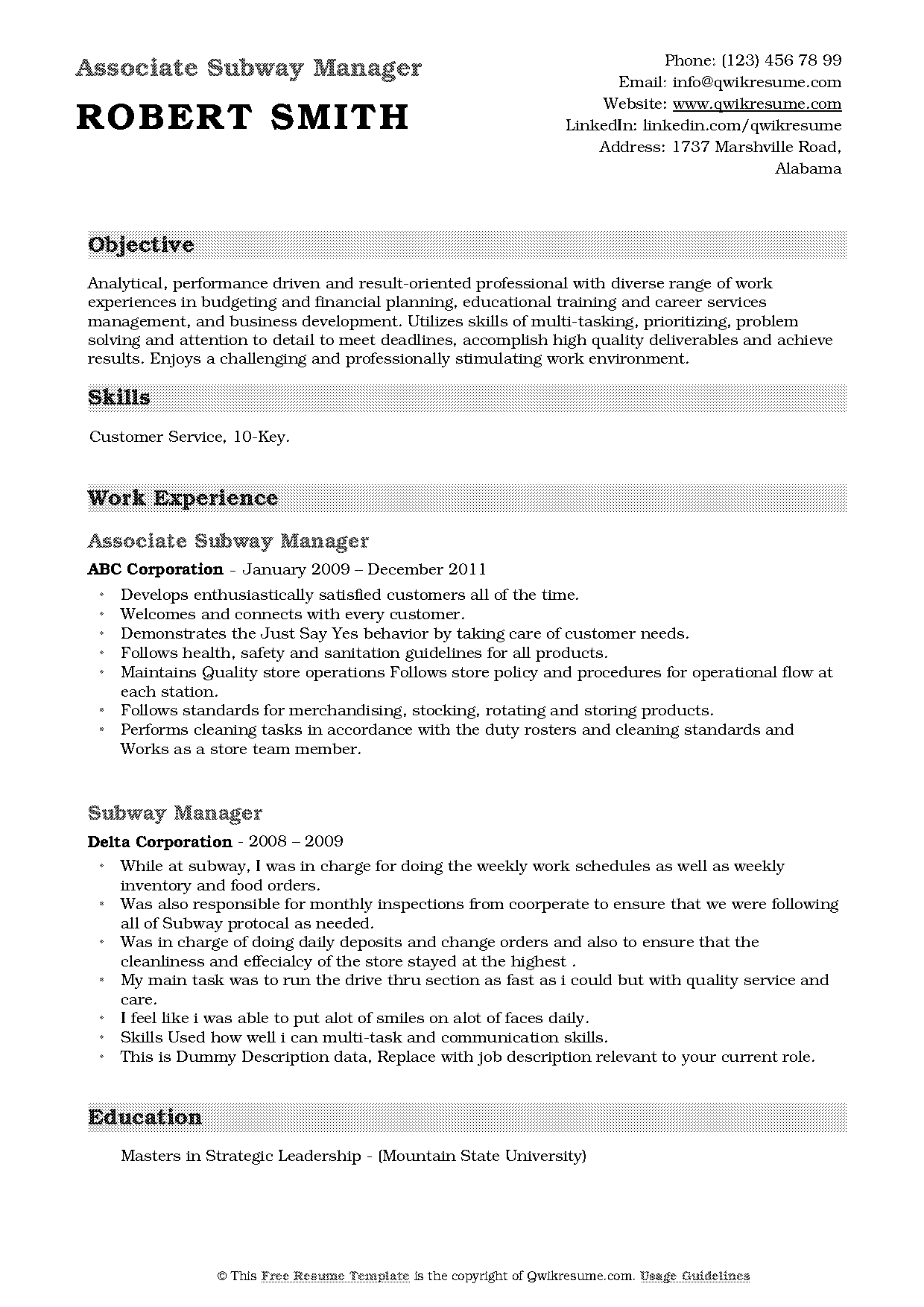 subway manager resume sample