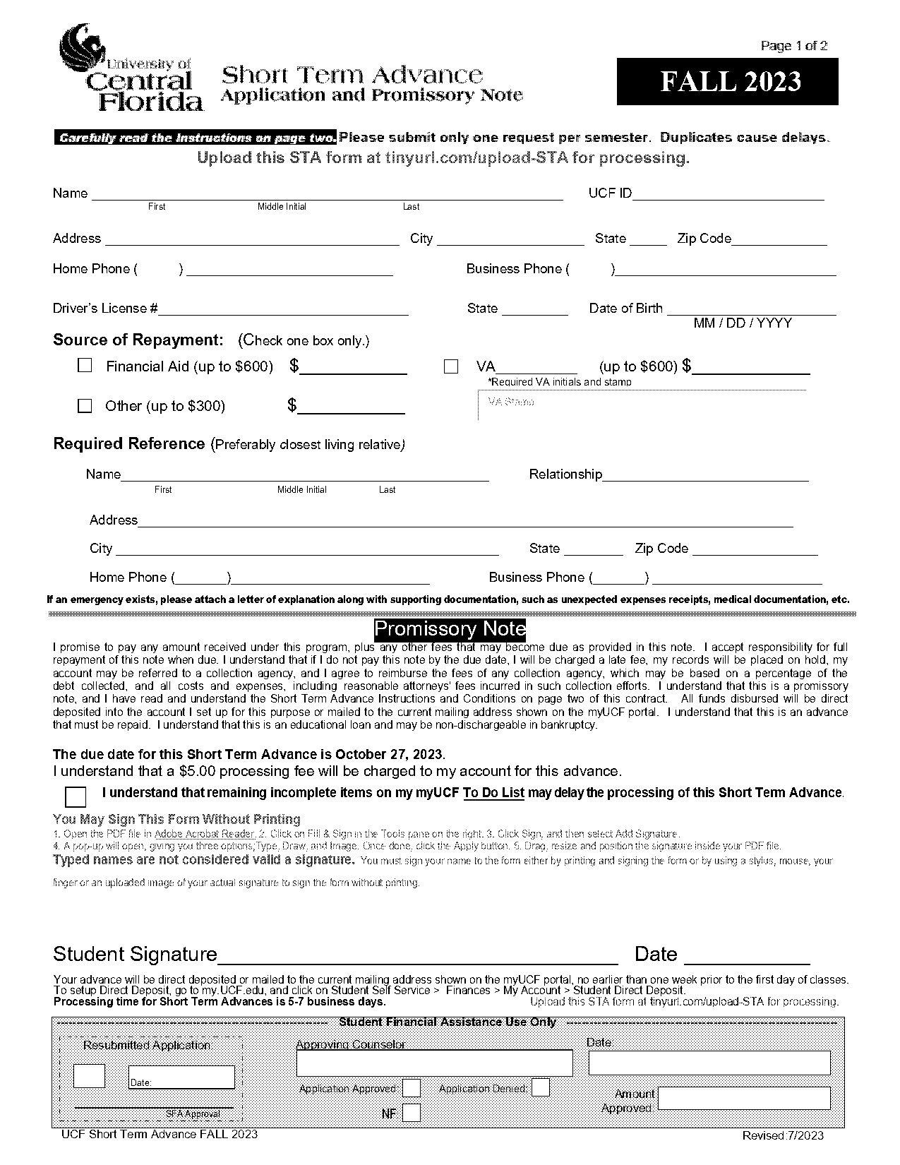 ucf short term loan