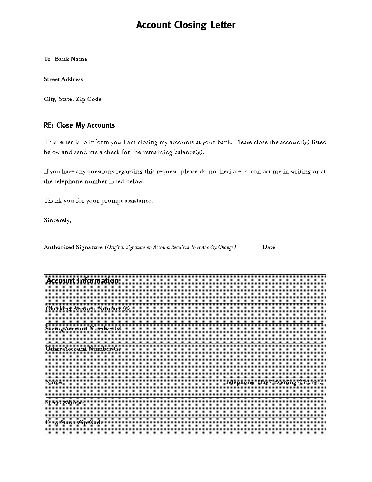 sample bank account closure letter