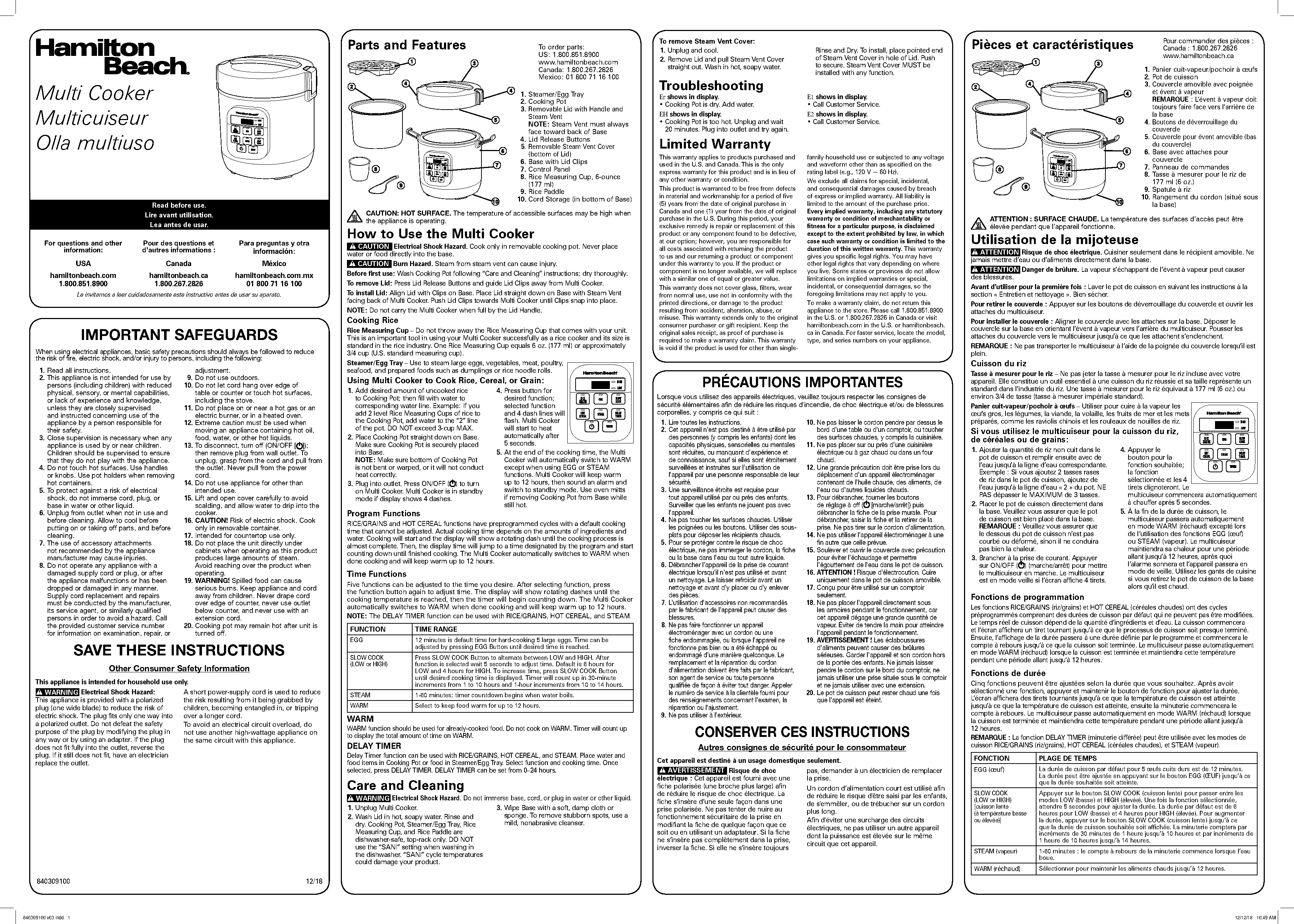 hamilton beach compact multi cooker instruction manual