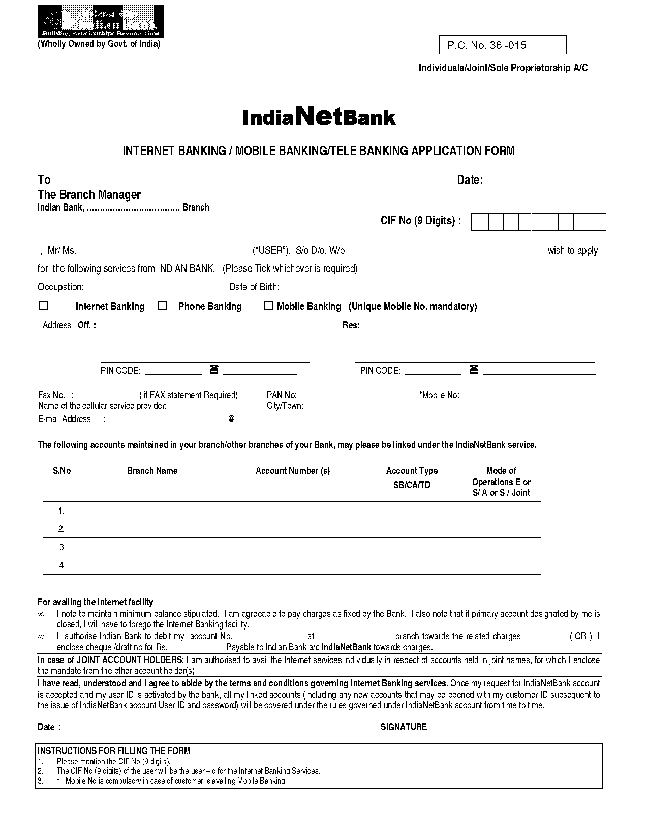 indian bank atm application form