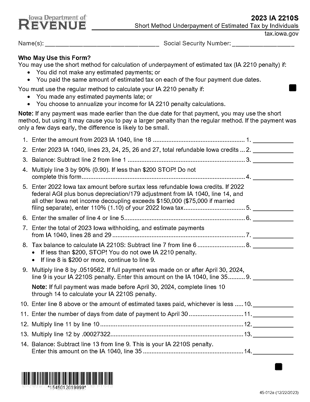 tax form calculating penalty