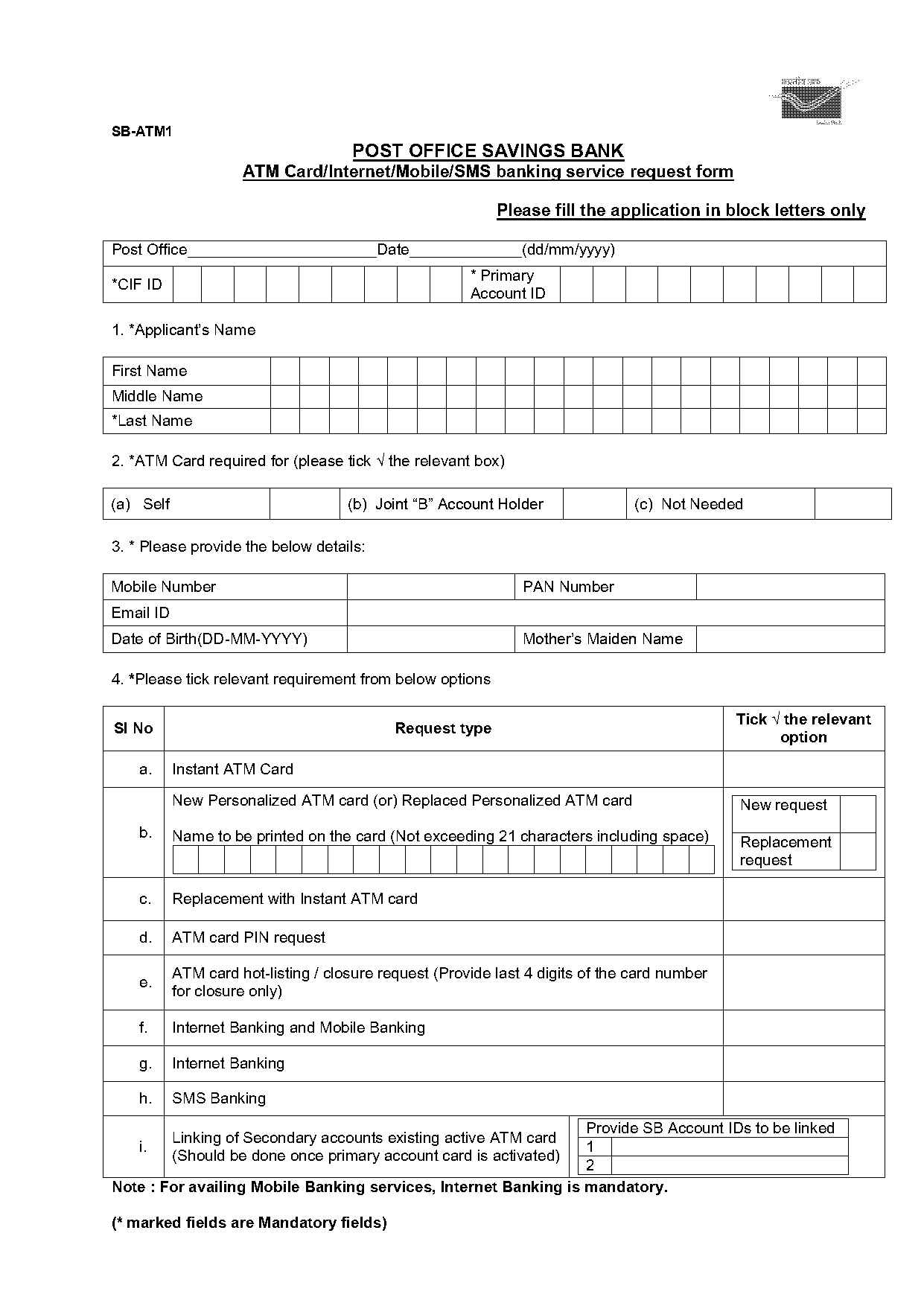 indian bank atm application form