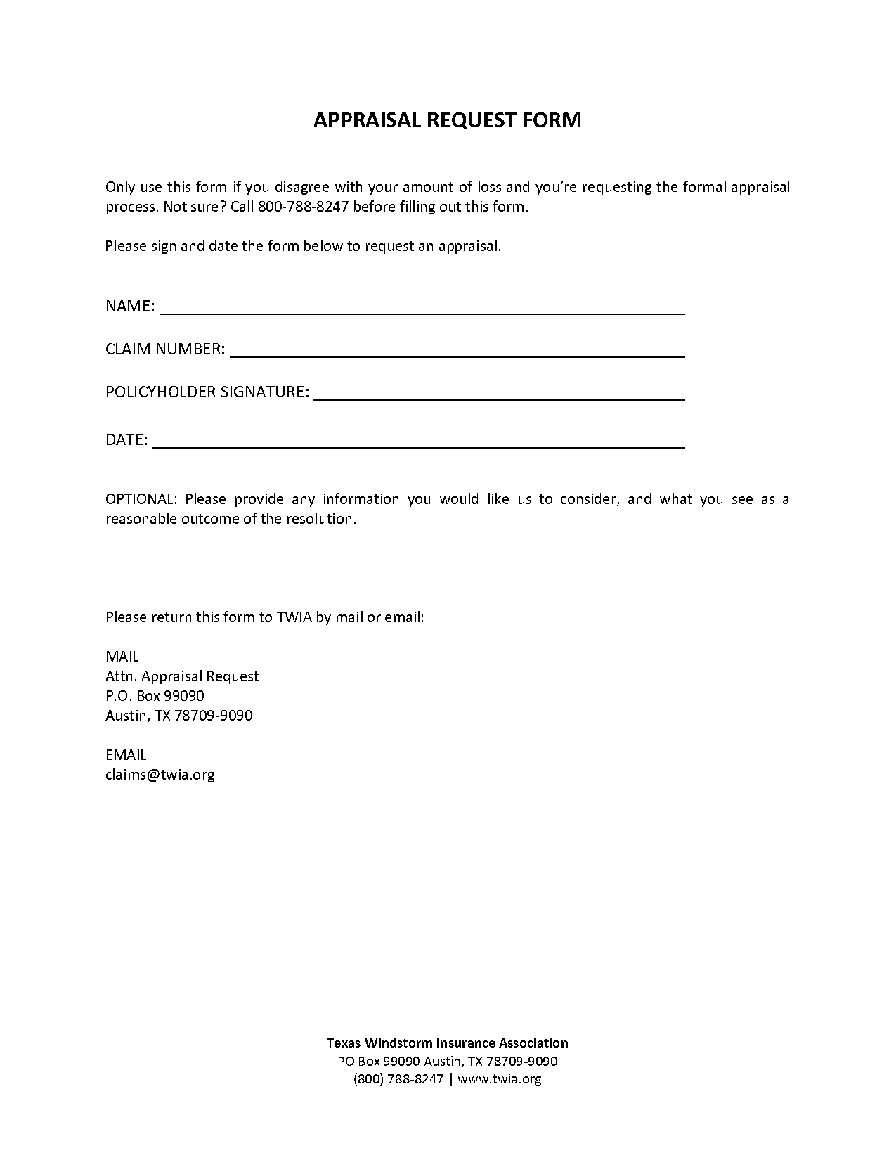 insurance appraisal request form