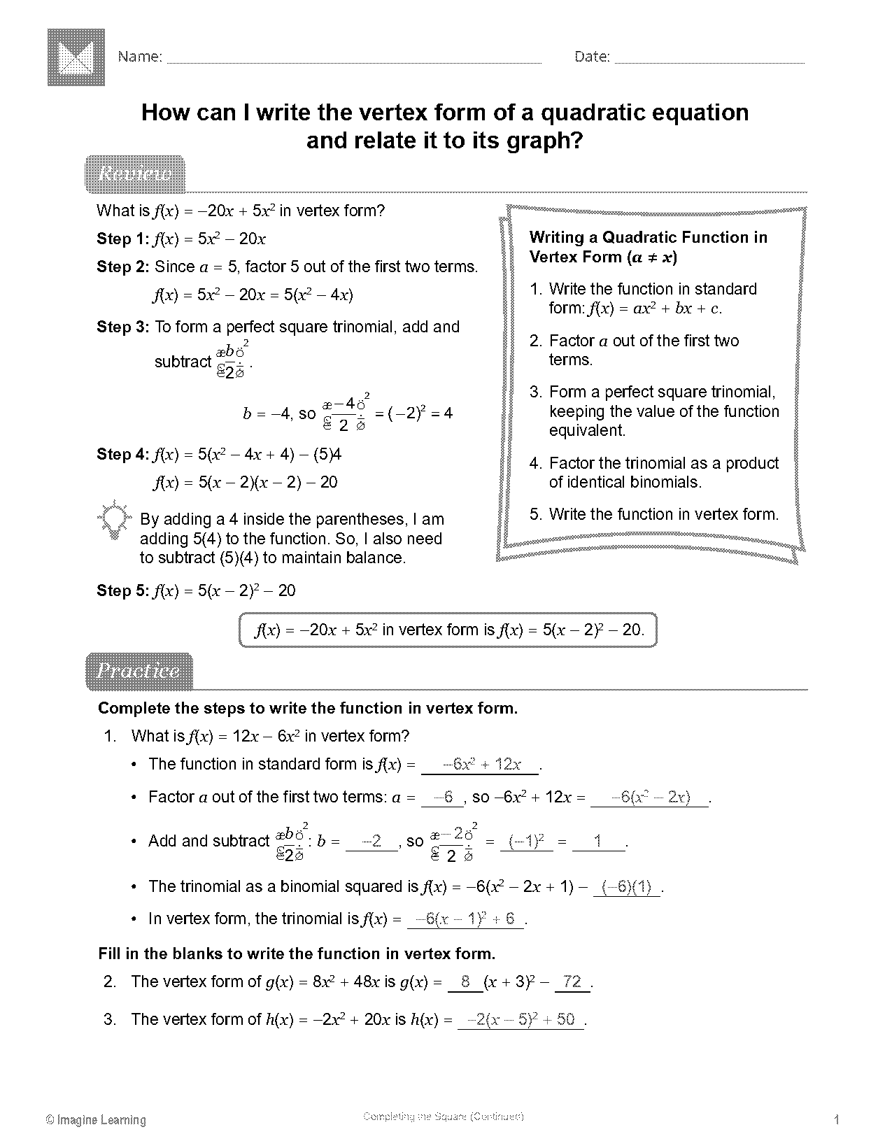 how to write quadratic equation in vertex form