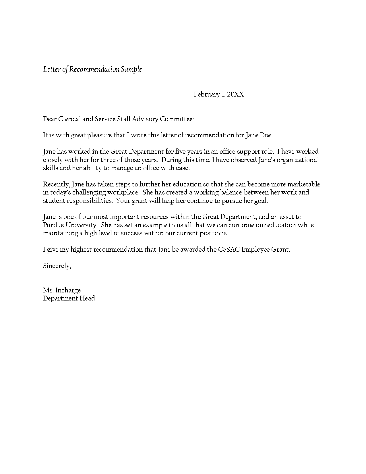 letter of recommendation for clerical staff