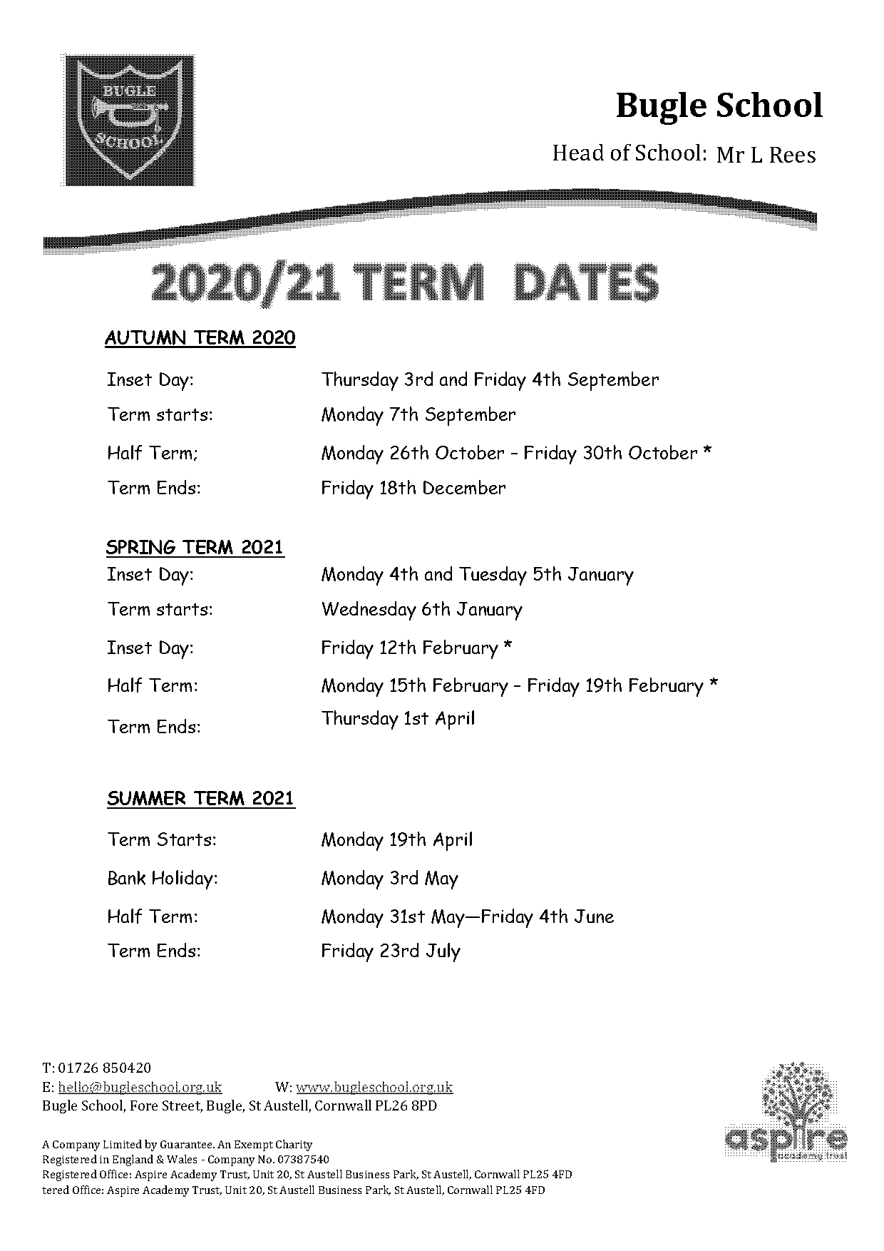 bugle school term dates