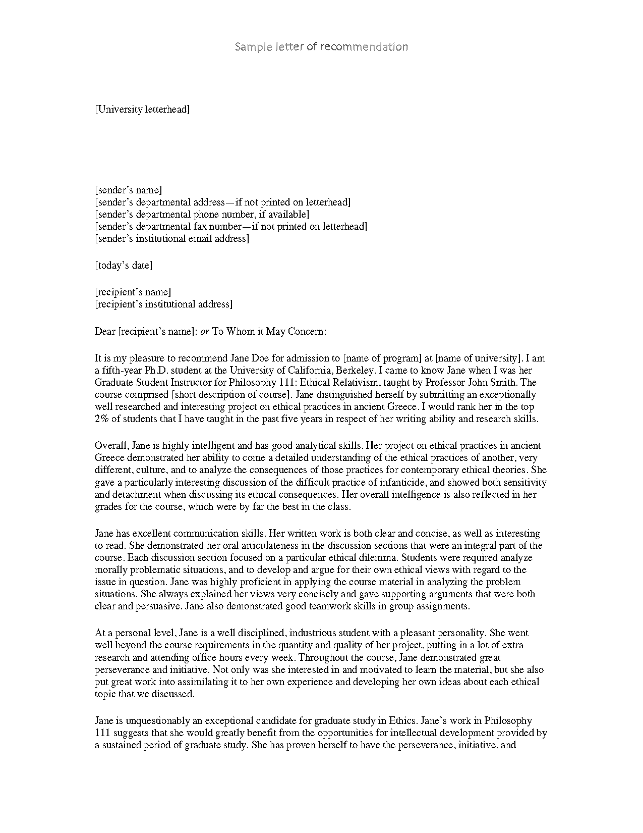 letter of reference for a student template