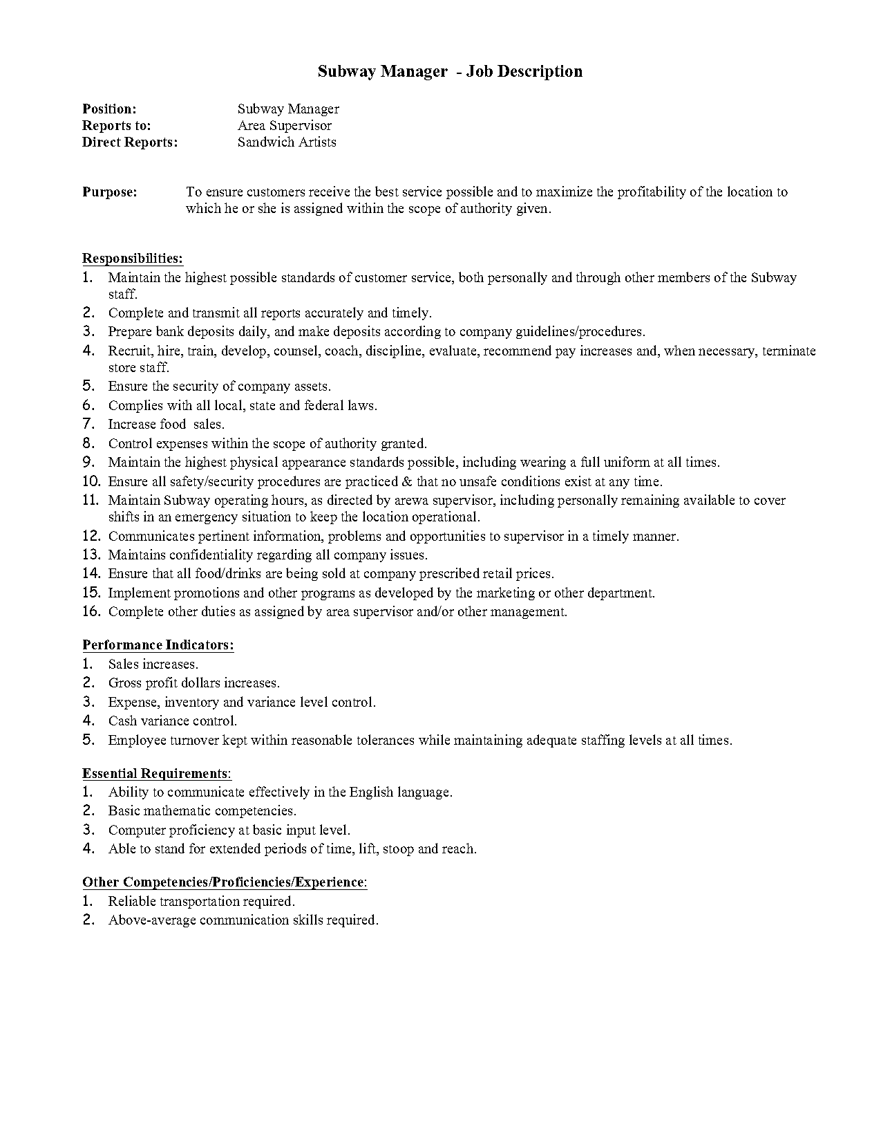 subway manager resume sample