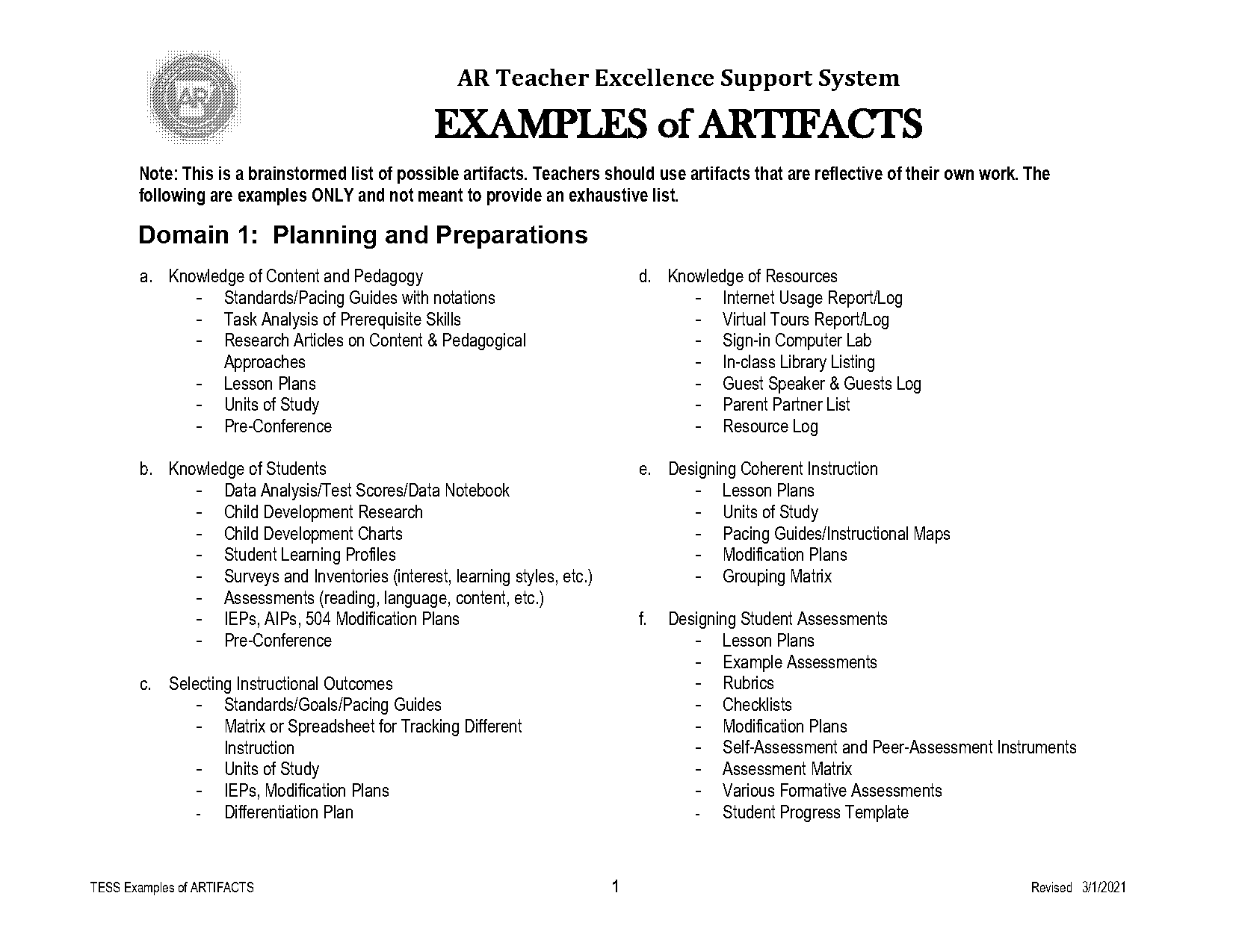 arkansas tess evaluation examples