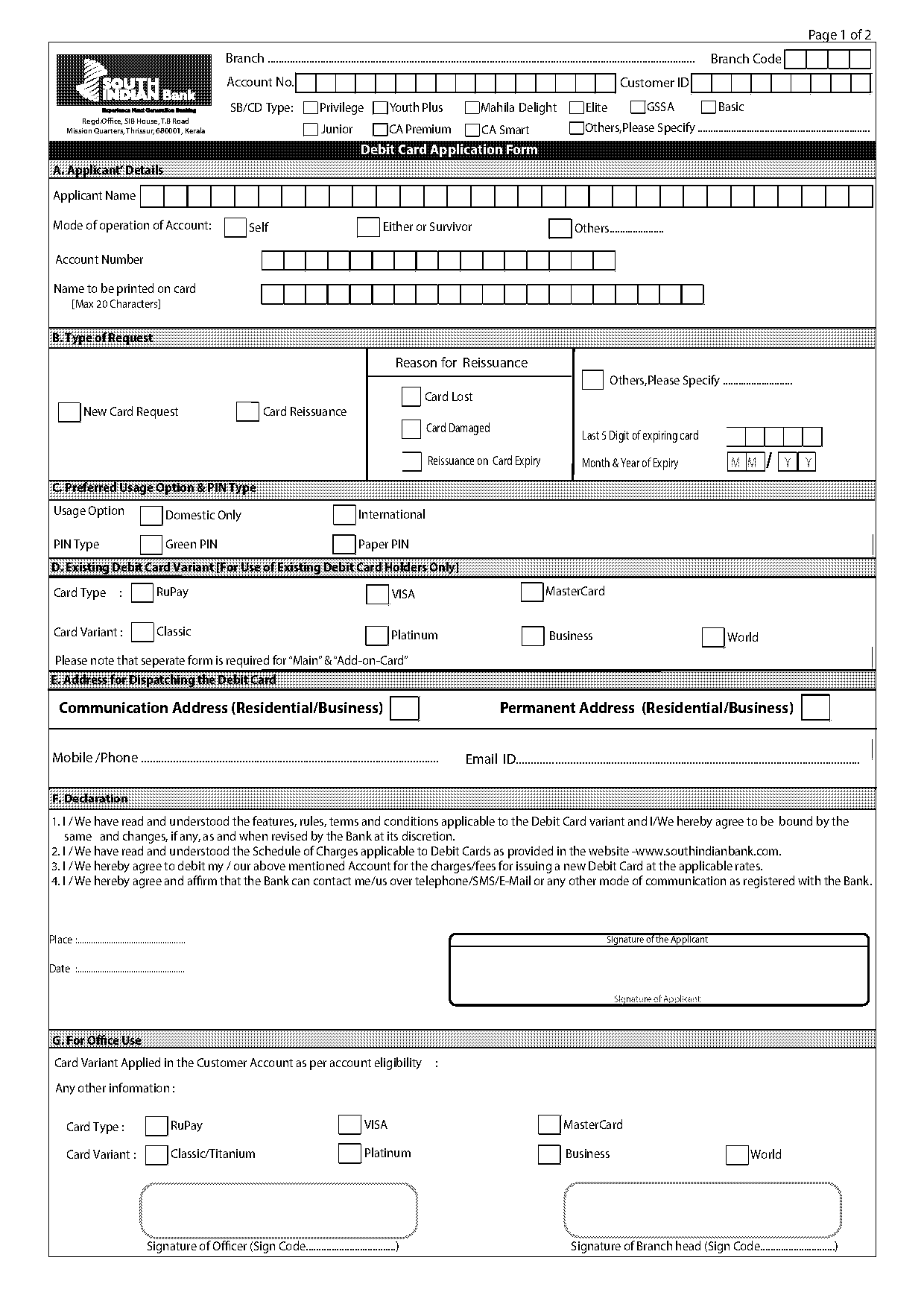 indian bank atm application form