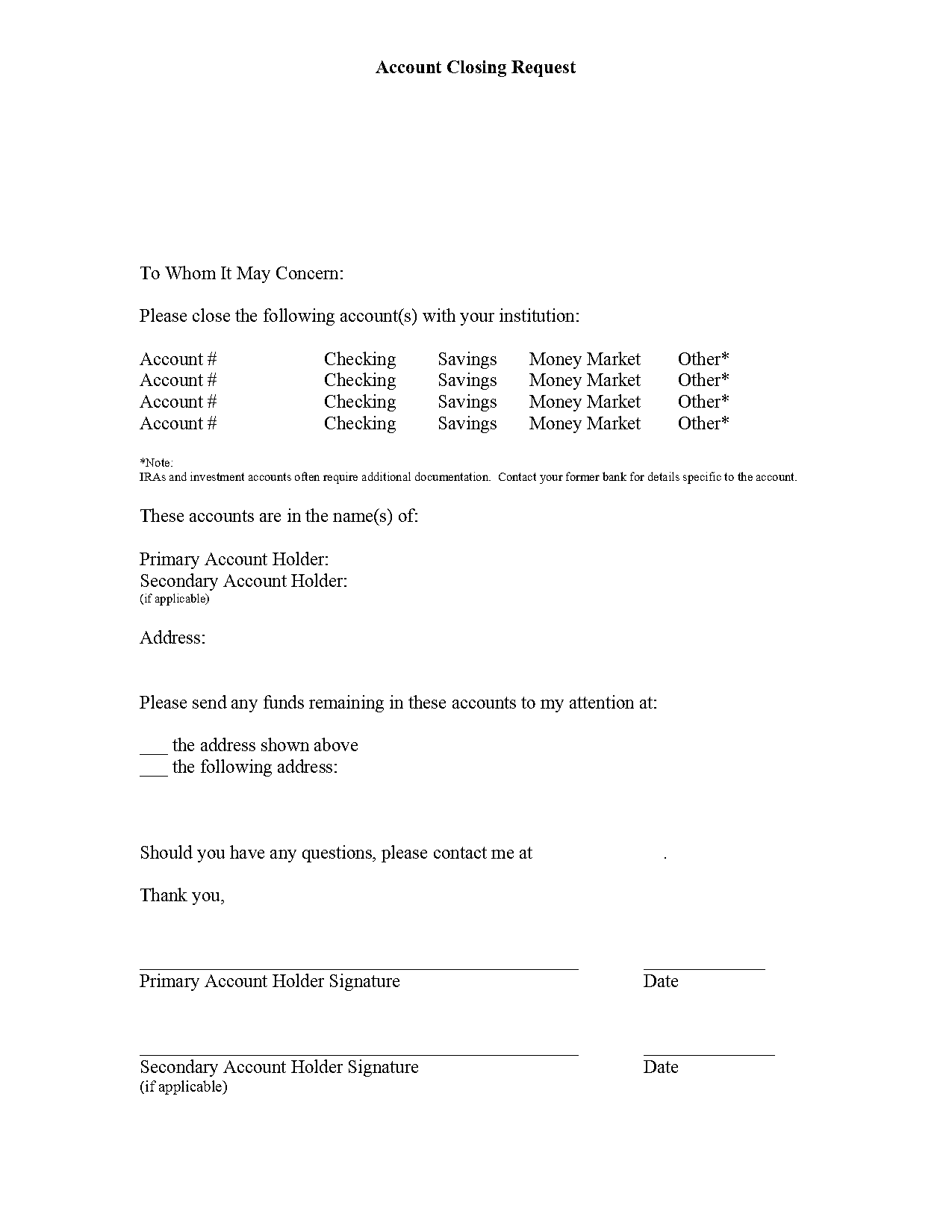 sample bank account closure letter