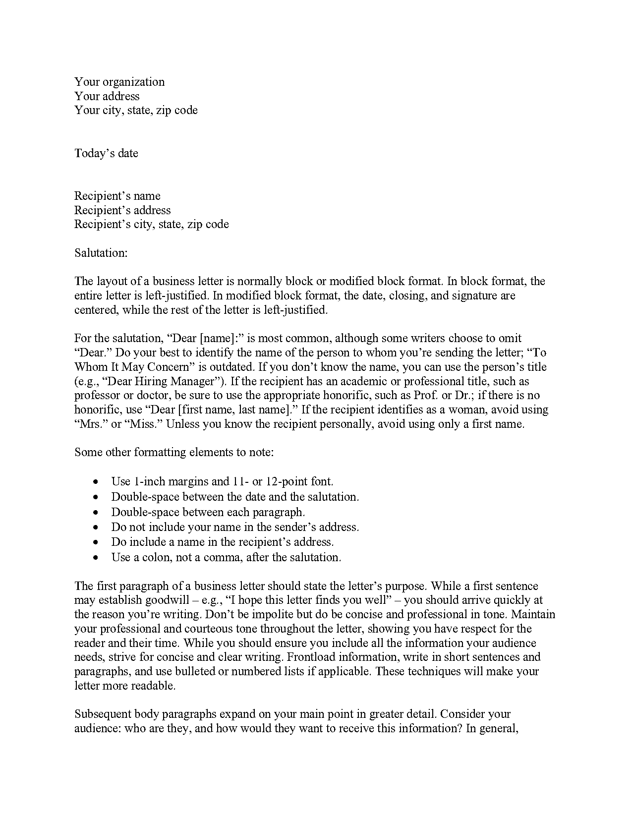 business letter format for college