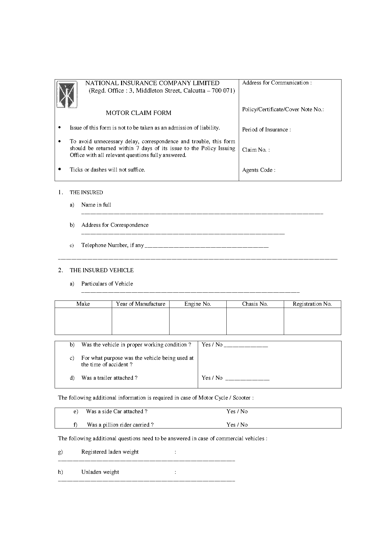 national insurance company claim form for motor insurance