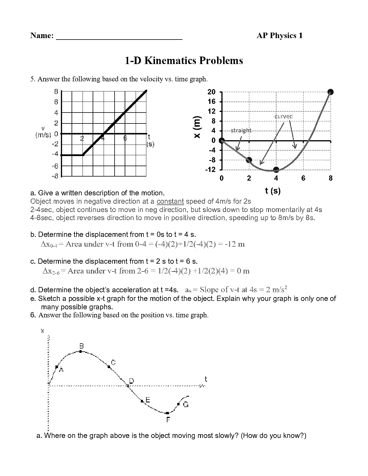 kinematics practice problems worksheet answers ths physics espina