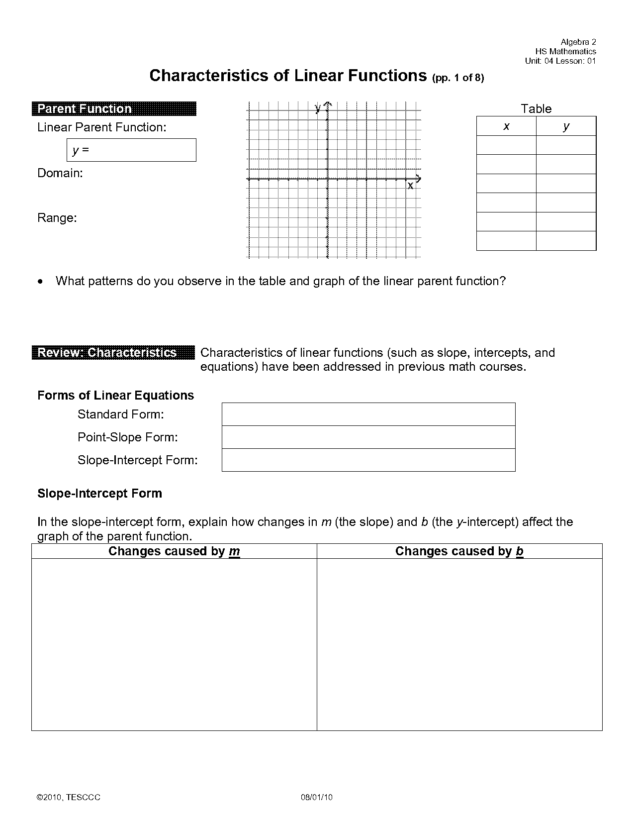 characteristics of linear functions worksheet answers