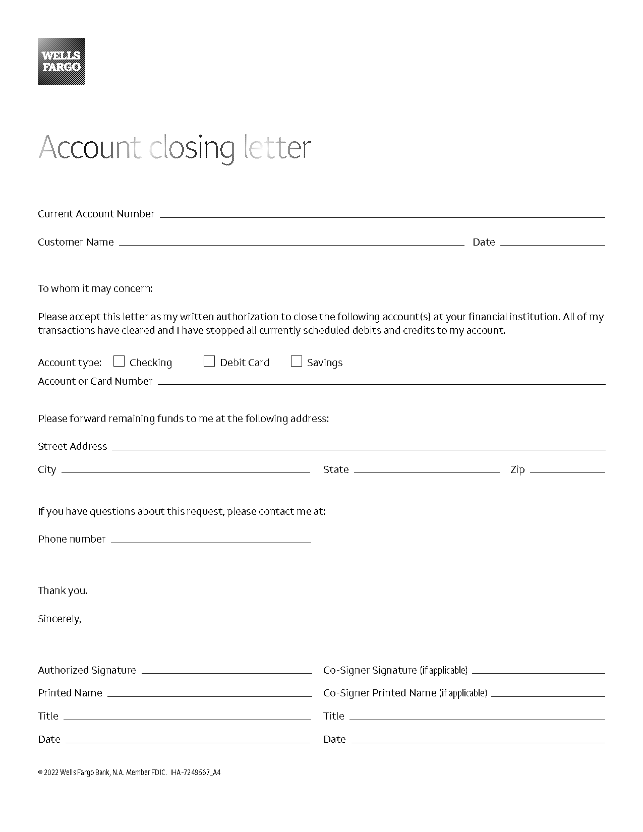 sample bank account closure letter